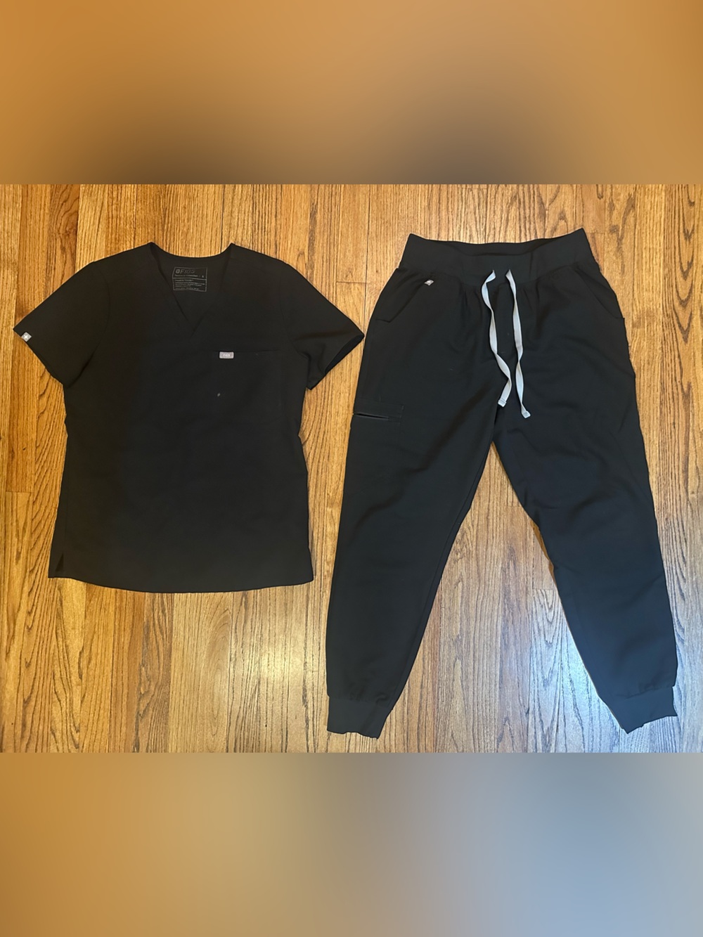 Figs Women’s Scrub Set- Black Jogger Pants with Gray Drawstring and V-Neck Top